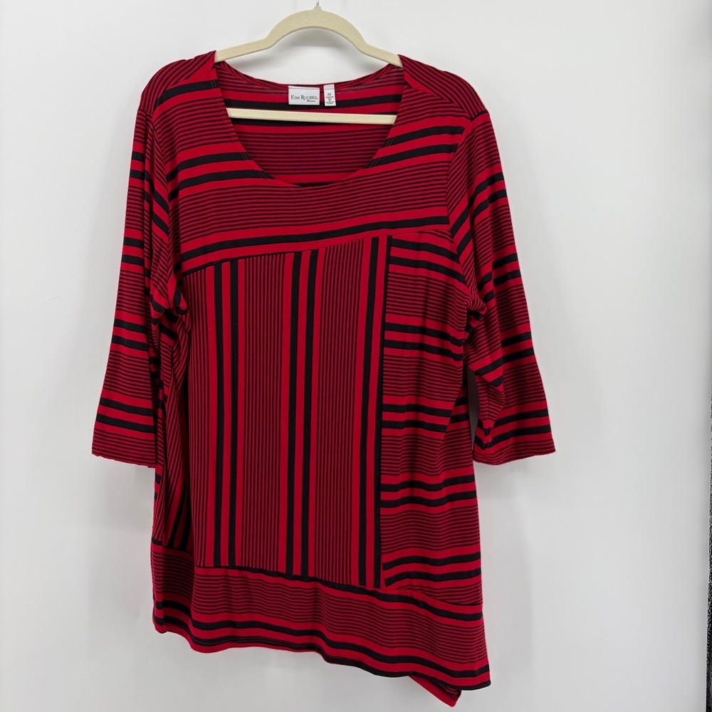 Kim Rogers Woman Red Black Stripe Asymmetrical Hem 3/4 Sleeve Tunic Top 2X